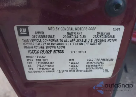 2002 Chevrolet Silverado 1500Hd Ls from USA, damaged, VIN 1GCGK13U92F157538